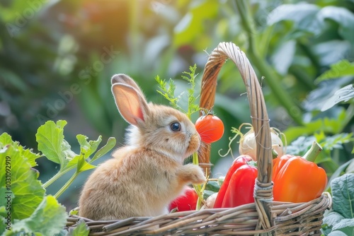 A fluffy rabbit sitting in a basket filled with fresh vegetables like tomatoes and peppers in a lush garden during golden hour photo