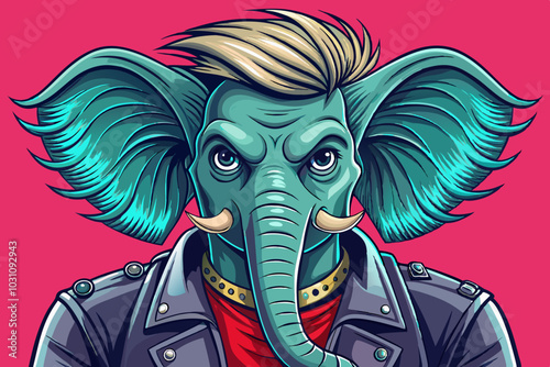 elephant vector in punk rock leather jacket wear, animal portrait, isolated background