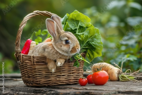 A fluffy rabbit sitting in a basket filled with fresh vegetables like tomatoes and peppers in a lush garden during golden hour photo