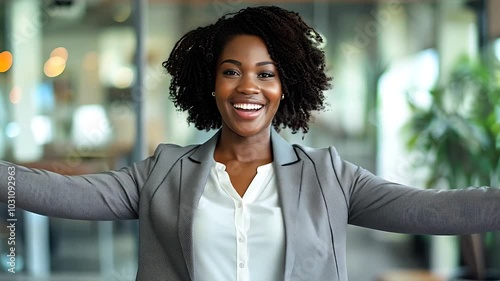 A cheerful professional woman opens her arms wide in a welcoming gesture inside a bright office space. AI