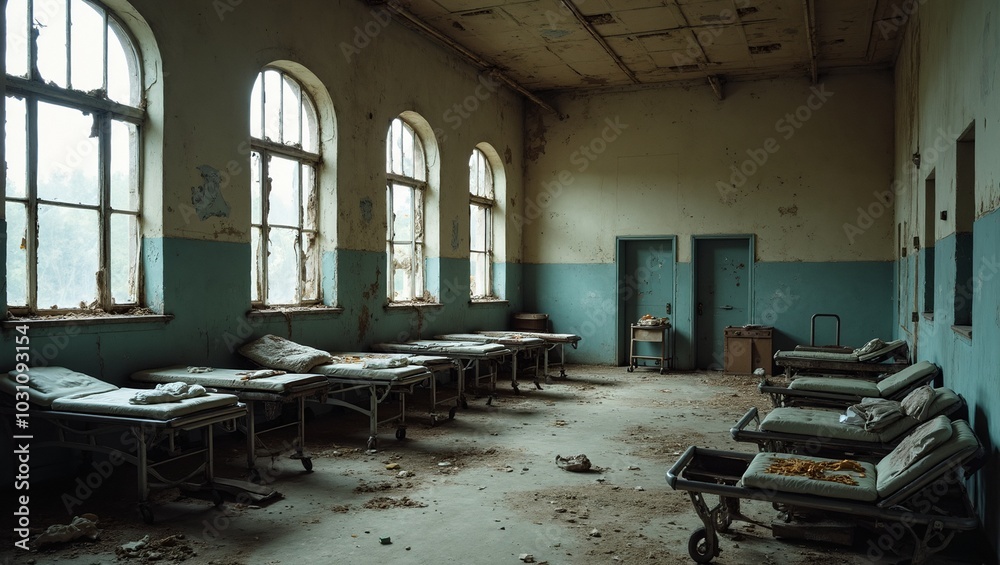 Desolate field hospital with broken stretchers and bullet holes Desolate field hospital with broken stretchers and bullet holes