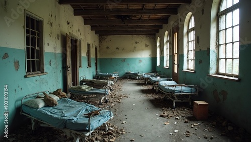 Desolate field hospital with broken stretchers and bullet holes