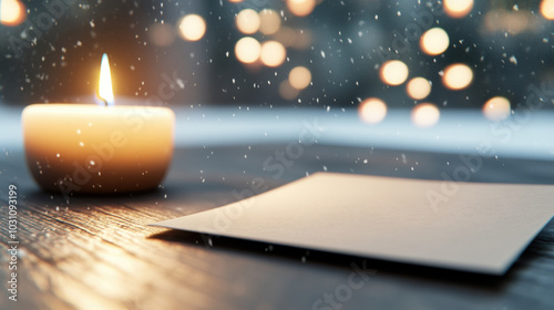 Cozy candlelit scene with falling snow and bokeh lights in the background, AI photo