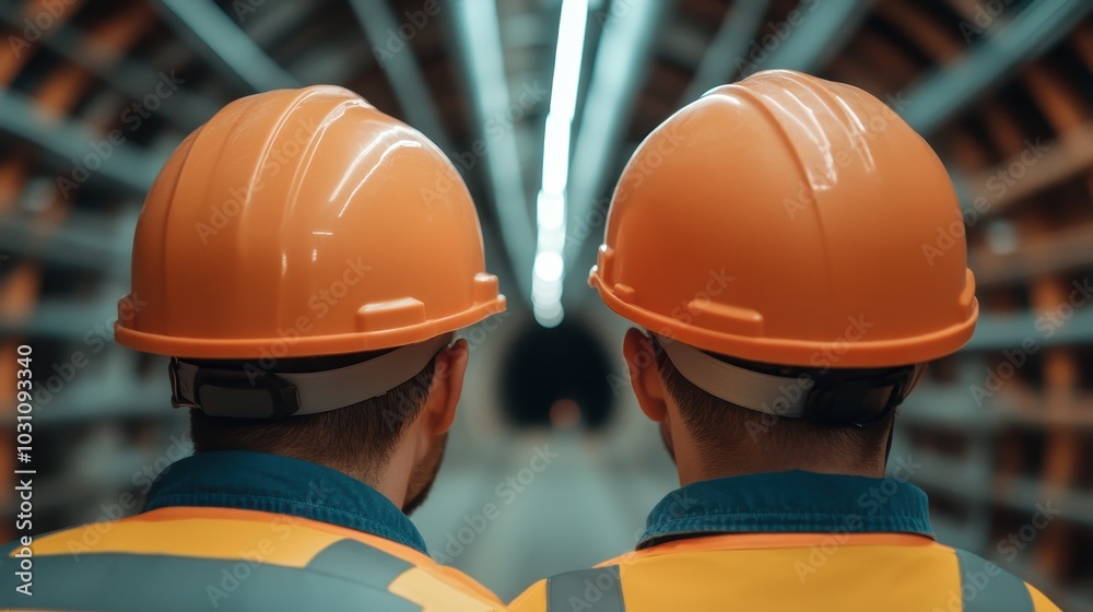 Inspection of Underground Tunnel by Technicians in Hard Hats and High-Visibility Clothing Inspection of Underground Tunnel by Technicians in Hard Hats and High-Visibility Clothing