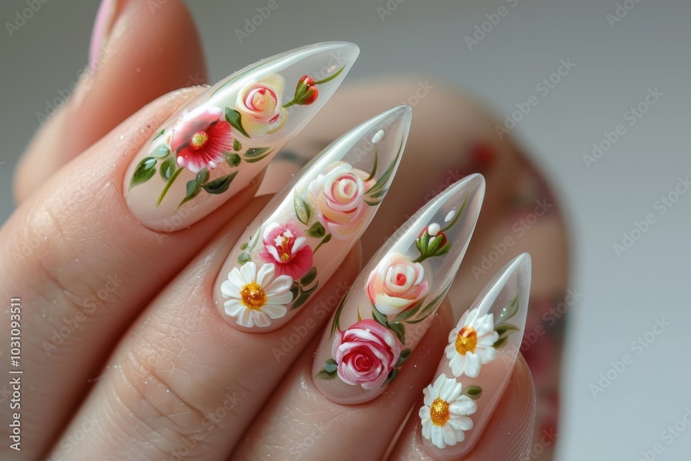 Intricate floral nail art design featuring hand-painted roses and daisies on long, elegant nails in a soft, neutral setting showcasing creativity and artistry