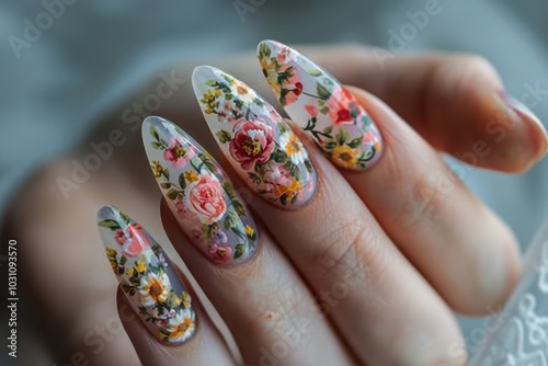 Intricate floral nail art design featuring hand-painted roses and daisies on long, elegant nails in a soft, neutral setting showcasing creativity and artistry