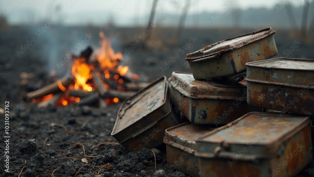 Abandoned ration tins by a campfire on a desolate battlefield Abandoned ration tins by a campfire on a desolate battlefield