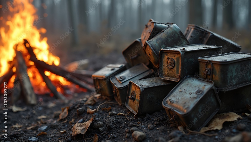Abandoned ration tins by a campfire on a desolate battlefield Abandoned ration tins by a campfire on a desolate battlefield