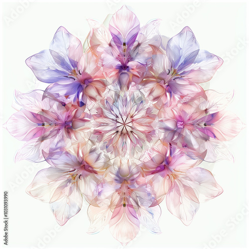 Floral mandala with colorful flowers on white background, AI Generation