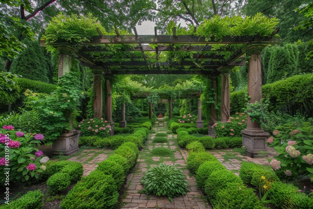 A tranquil garden with a fountain surrounded by lush greenery, blooming flowers, and stone pathways, inviting relaxation in a peaceful outdoor retreat A tranquil garden with a fountain surrounded by lush greenery, blooming flowers, and stone pathways, inviting relaxation in a peaceful outdoor retreat