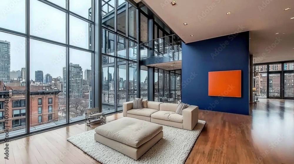 Fototapeta premium Modern Urban Living Room with City View