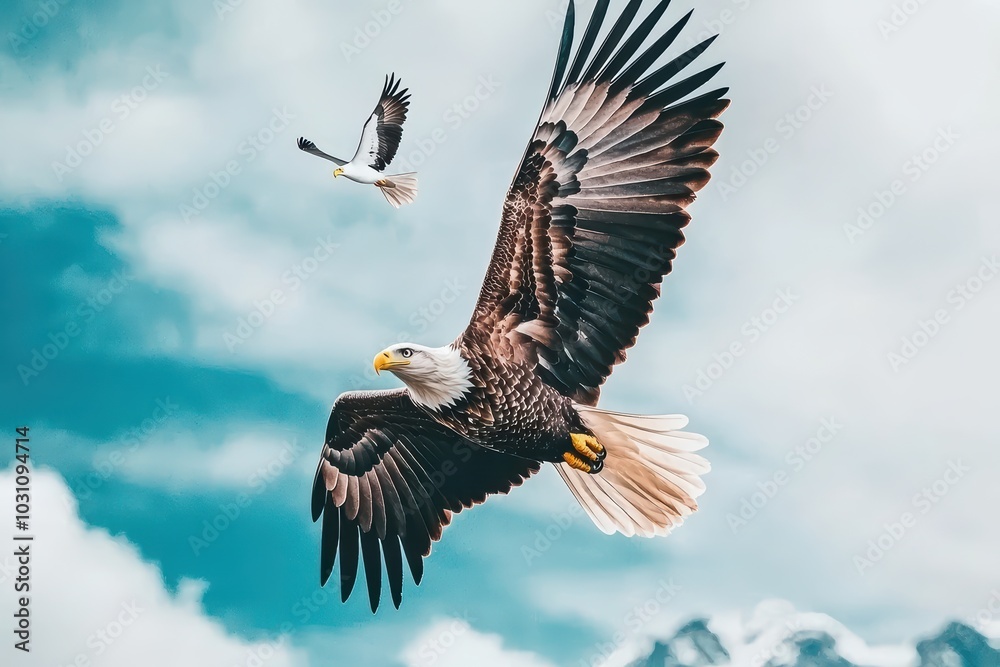Naklejka premium An eagle soars effortlessly through the sky, showcasing its majestic wings against a backdrop of clouds.