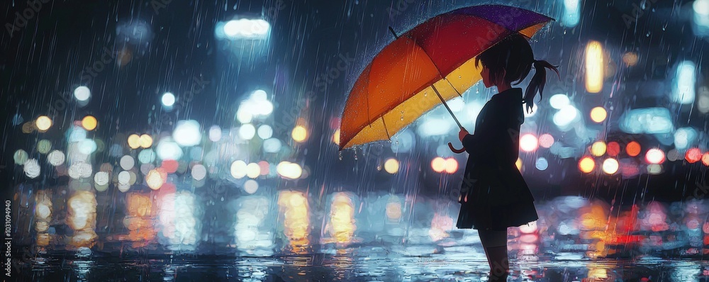 Child with Umbrella Under Rainy Night Lights