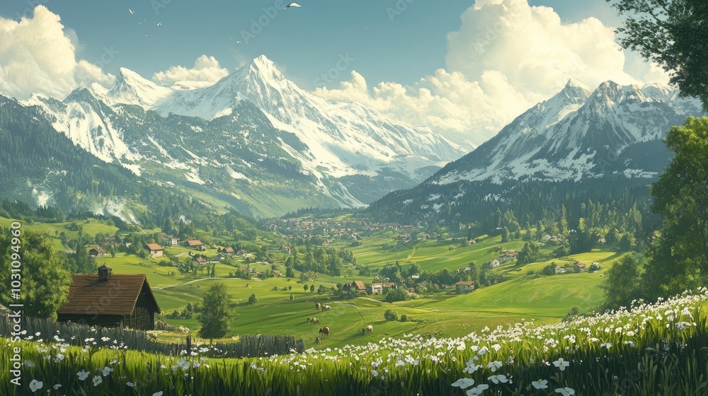 Serene Mountain Landscape with Lush Green Valleys Serene Mountain Landscape with Lush Green Valleys