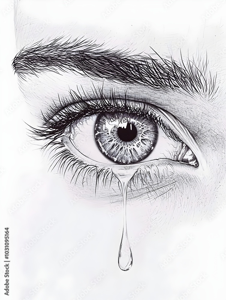 Obraz premium A close-up black and white drawing of a teary eye, capturing the raw emotion of sadness and vulnerability.