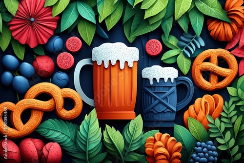 Colorful illustration of beer mugs, pretzels, and various fruits surrounded by vibrant leaves on a dark background. photo