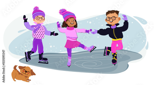 Happy children skating. Winter outdoor activity. Boys and girl in bright winter clothes. Cute little skaters and a dog. Cartoon kids. Hand-drawn flat vector illustration.