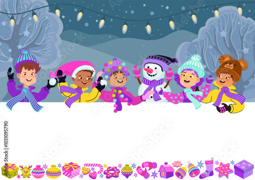 Happy kids in bright winter clothes and a snowman. Greeting card template. Cheerful children, Christmas decor, and a place for your text. Vector illustration.