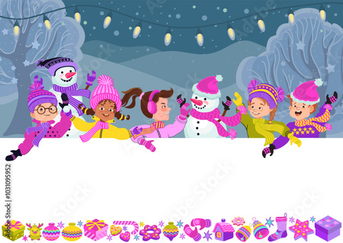 Happy children in bright winter clothes and a snowman against the background of a snowy forest. Cheerful kids, Christmas decor, and a place for your text. Vector illustration.