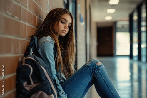 Teenage girl sits despondently in a school corridor, backpack by her side photo