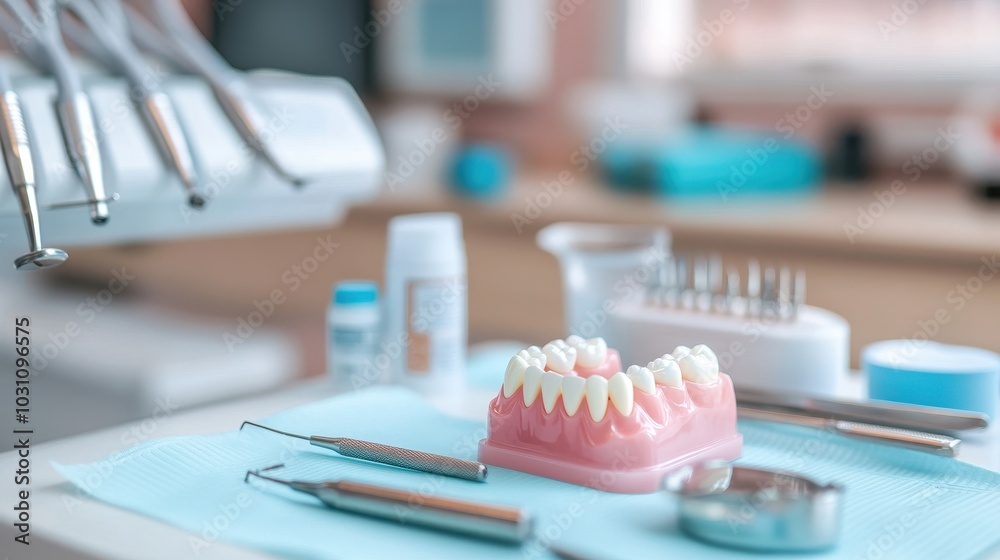 Disinfected dental tools lined up on a sterilized tray Disinfected dental tools lined up on a sterilized tray