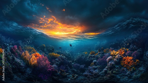 A vibrant underwater coral reef teeming with life, illuminated by a stunning sunset above the surface.