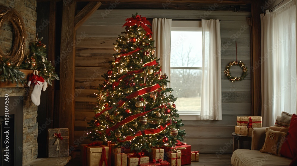 Festive Christmas tree decorated with glowing lights and ornaments in a cozy living room, with gifts underneath, copy space Festive Christmas tree decorated with glowing lights and ornaments in a cozy living room, with gifts underneath, copy space
