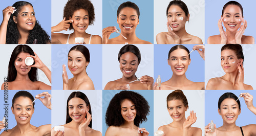 A vibrant group of women of various ages demonstrate their skincare routines. Each individual applies different products, smiling and sharing tips in a light blue setting.