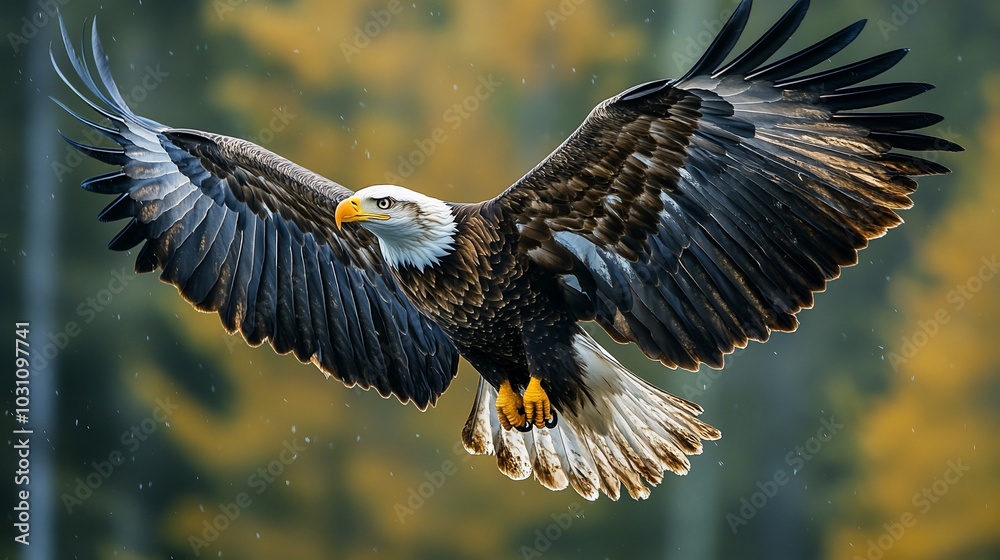 Fototapeta premium A majestic eagle soaring through the air, showcasing its powerful wings and striking features.