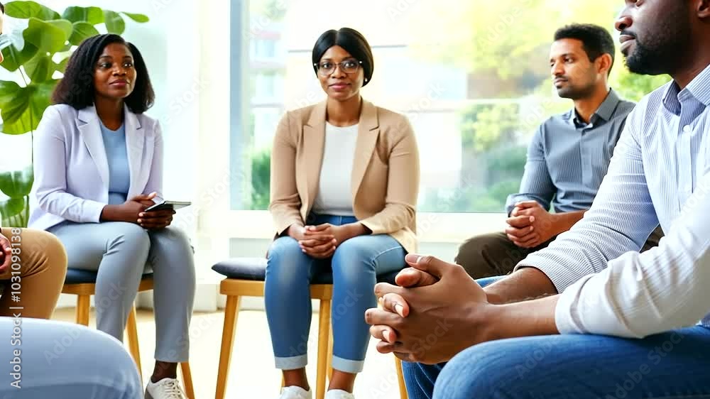 In a calm, therapeutic setting, a diverse group of individuals sits in a supportive circle during a counseling session. One person appears introspective, staring down at their hand In a calm, therapeutic setting, a diverse group of individuals sits in a supportive circle during a counseling session. One person appears introspective, staring down at their hand