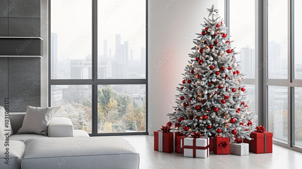 Festive Christmas tree decorated with glowing lights and ornaments in a cozy living room, with gifts underneath, copy space —ar 16:9 Festive Christmas tree decorated with glowing lights and ornaments in a cozy living room, with gifts underneath, copy space —ar 16:9