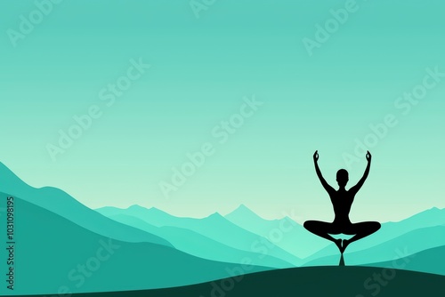 Silhouette of a person practicing yoga amidst serene mountains in calming teal tones.