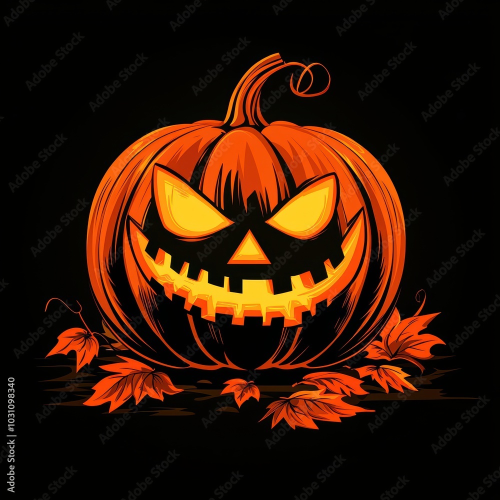 Fototapeta premium Spooky Halloween pumpkin with a mischievous grin, accented by autumn leaves, set against a dark background.