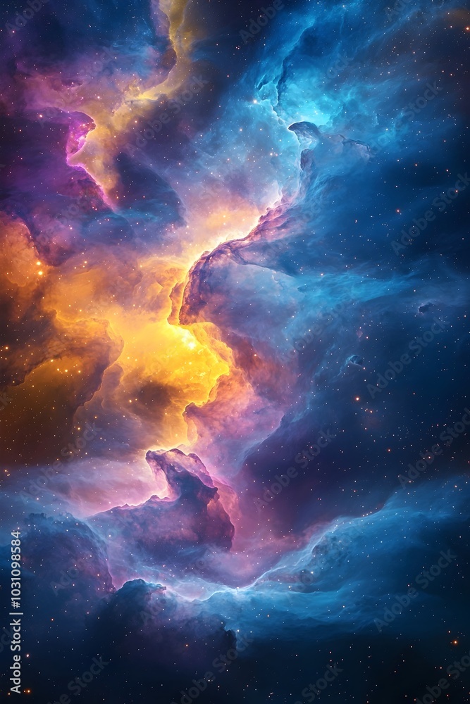 Fototapeta premium A cosmic nebula, swirling with vibrant hues of blue, purple, and orange, creates a breathtaking spectacle against a backdrop of twinkling stars.