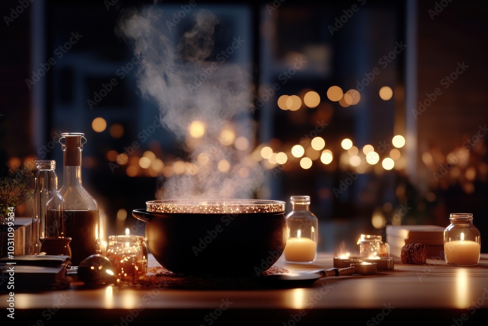 A steaming pot sits amidst an array of glowing candles, creating a cozy, warm atmosphere ideal for relaxation and enjoying a comforting home-cooked meal. A steaming pot sits amidst an array of glowing candles, creating a cozy, warm atmosphere ideal for relaxation and enjoying a comforting home-cooked meal.