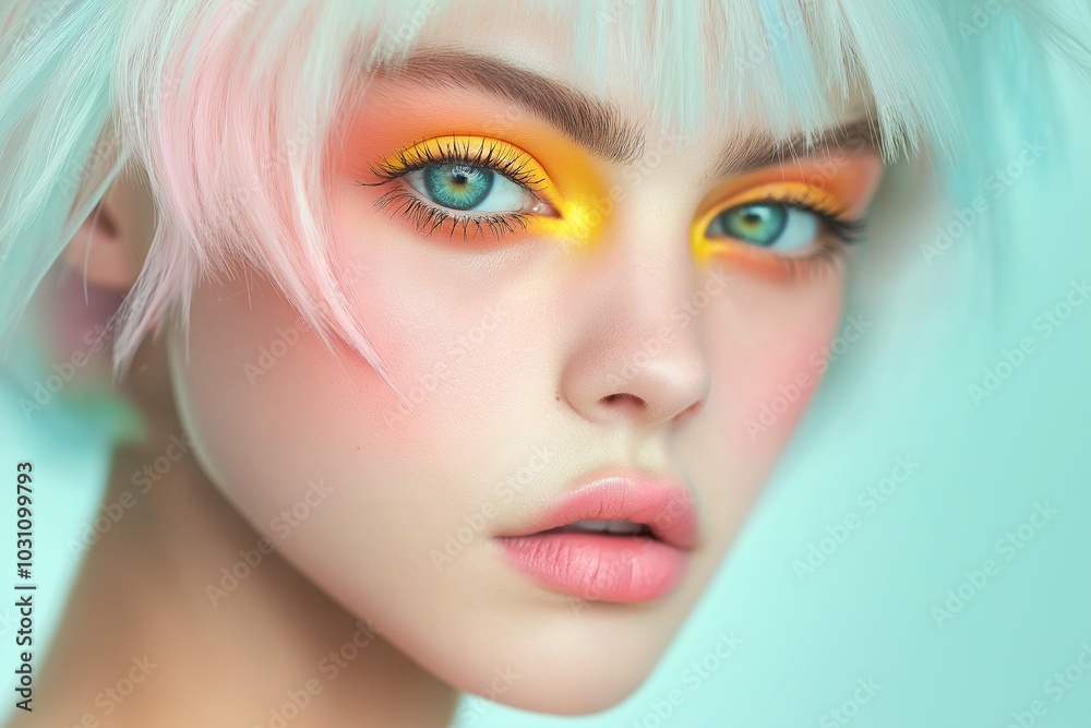 Vibrant pastel makeup on model with bold eye shadows and pale pink hair Vibrant pastel makeup on model with bold eye shadows and pale pink hair