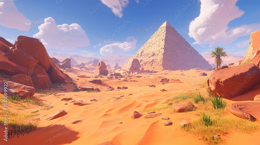 Naklejka premium Majestic Pyramid in Desert Landscape with Blue Sky