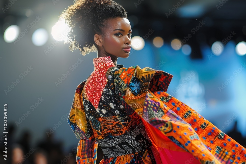 A model showcases a vibrant African-inspired dress during a fashion show in a stylish venue, highlighting cultural artistry and modern design A model showcases a vibrant African-inspired dress during a fashion show in a stylish venue, highlighting cultural artistry and modern design