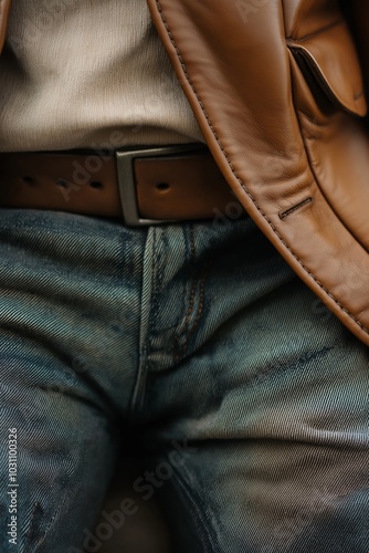 A close-up shot of a person wearing a stylish leather jacket over jeans secured with a brown belt, embodying rustic fashion. photo