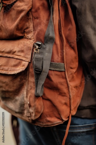 A rugged, brown backpack showing signs of wear, with visible grey straps and a hint of blue jeans beside. photo