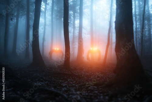 A misty forest setting with eerie glowing figures emerging through the trees at night, imparting a mysterious and supernatural atmosphere filled with intrigue. photo