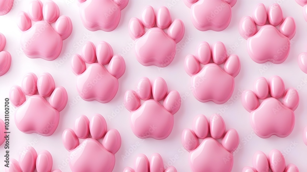 A pattern of pink paw prints on a white background. A pattern of pink paw prints on a white background.