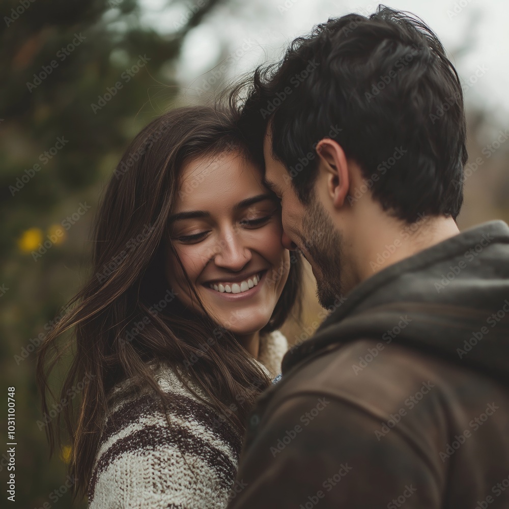 A happy couple cuddles closely while smiling genuinely, surrounded by nature's greenery under a cloudy sky. A happy couple cuddles closely while smiling genuinely, surrounded by nature's greenery under a cloudy sky.