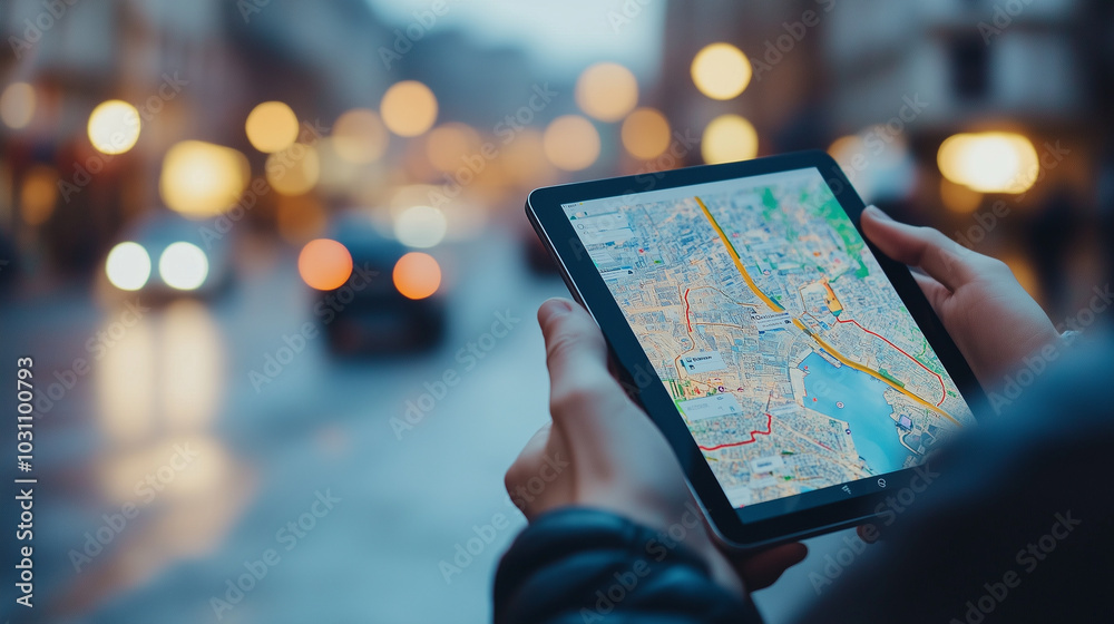 Fototapeta premium Zaawansowana technologia GPS na tablecie umożliwia precyzyjne zarządzanie flotą pojazdów w czasie rzeczywistym. To innowacyjne narzędzie wspomaga logistykę, pozwalając firmom efektywnie planować trasy