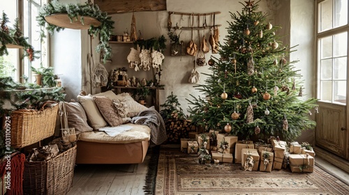 Festive Christmas tree decorated with glowing lights and ornaments in a cozy living room, with gifts underneath, copy space —ar 16:9
