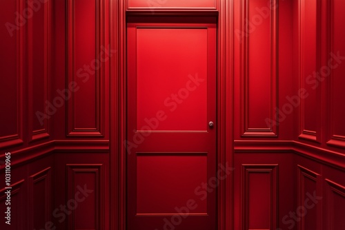 A striking red door centered in an elegant vintage hallway with exquisite red paneling  evoking mystery.