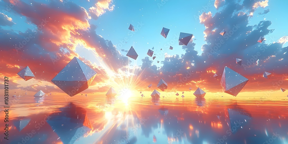Φωτογραφία Geometric shapes float in the sky above a calm body of water, reflecting the orange and blue hues of a dramatic sunset