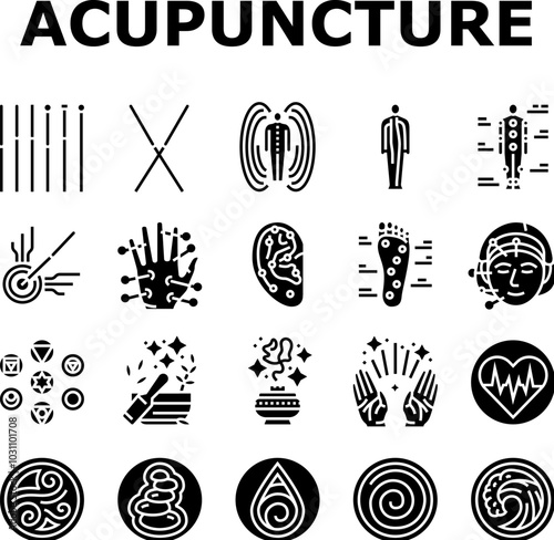 acupuncture massage therapy icons set vector. treatment medical, medicine spa, health chinese, alternative holistic, chiropractic acupuncture massage therapy glyph pictogram Illustrations