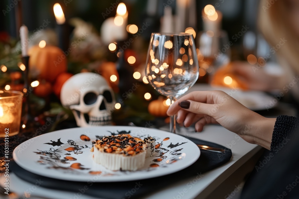 A sophisticated Halloween setup presenting a dessert plate with intricate spider motifs and a skull centerpiece, enhanced by wine and autumnal decorations. A sophisticated Halloween setup presenting a dessert plate with intricate spider motifs and a skull centerpiece, enhanced by wine and autumnal decorations.