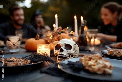 An eerie outdoor Halloween gathering showcasing a candlelit table with a skull, mini pumpkins, and spider web motifs creating an autumnal festive meal vibe. photo